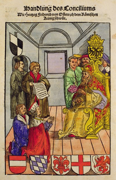 Federico IV, Duque de Austria, declarando su lealtad al Emperador en el Concilio de Constanza, de 
